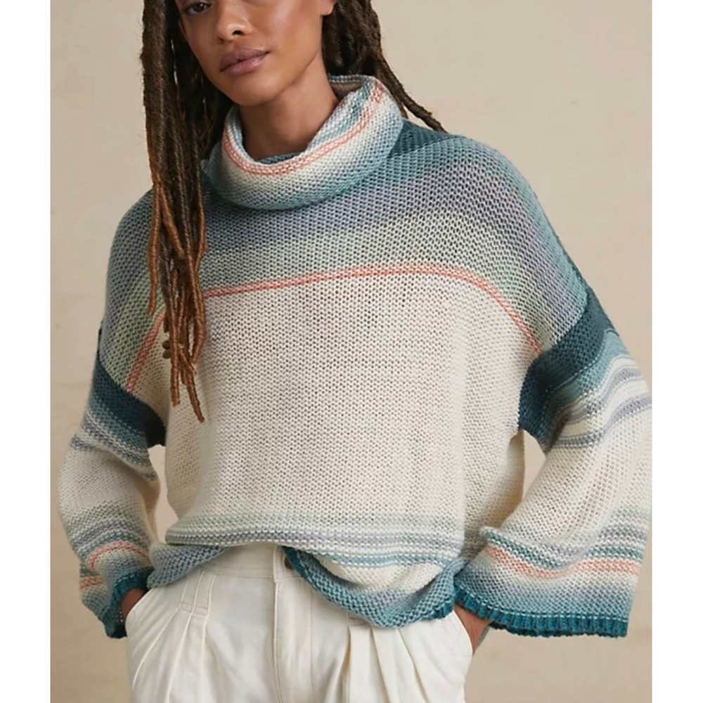 Anthropologie Cowl Neck Striped Oversized Knit Courtney Sweater Blue Cream Large